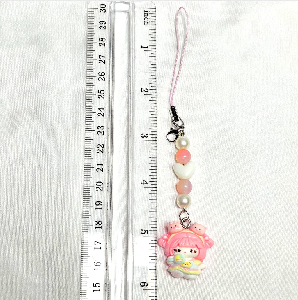 Whimsical Kawaii Beaded Pink Kitty Girl Keychain or Phone Bag Charm