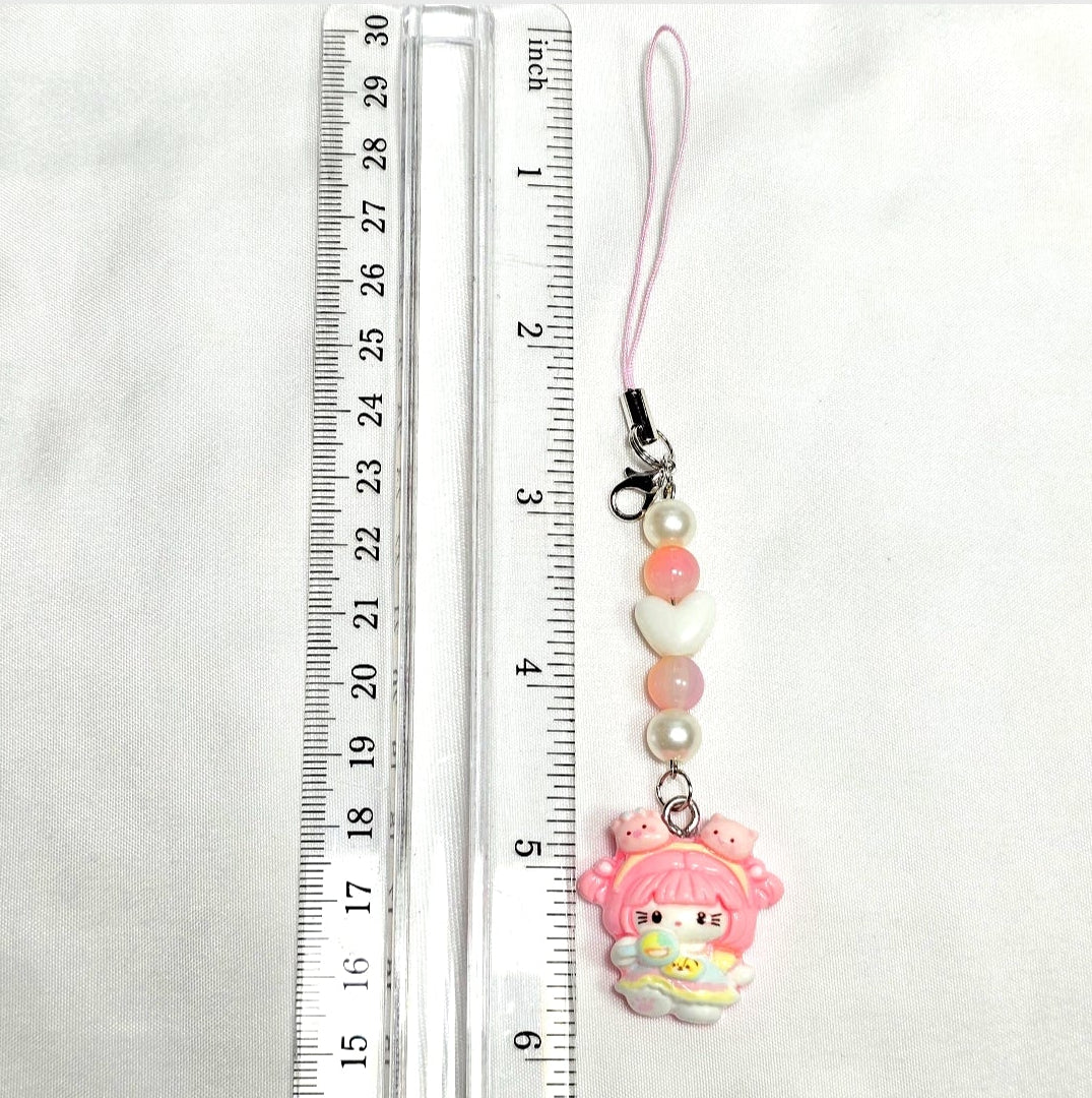 Whimsical Kawaii Beaded Pink Kitty Girl Keychain or Phone Bag Charm