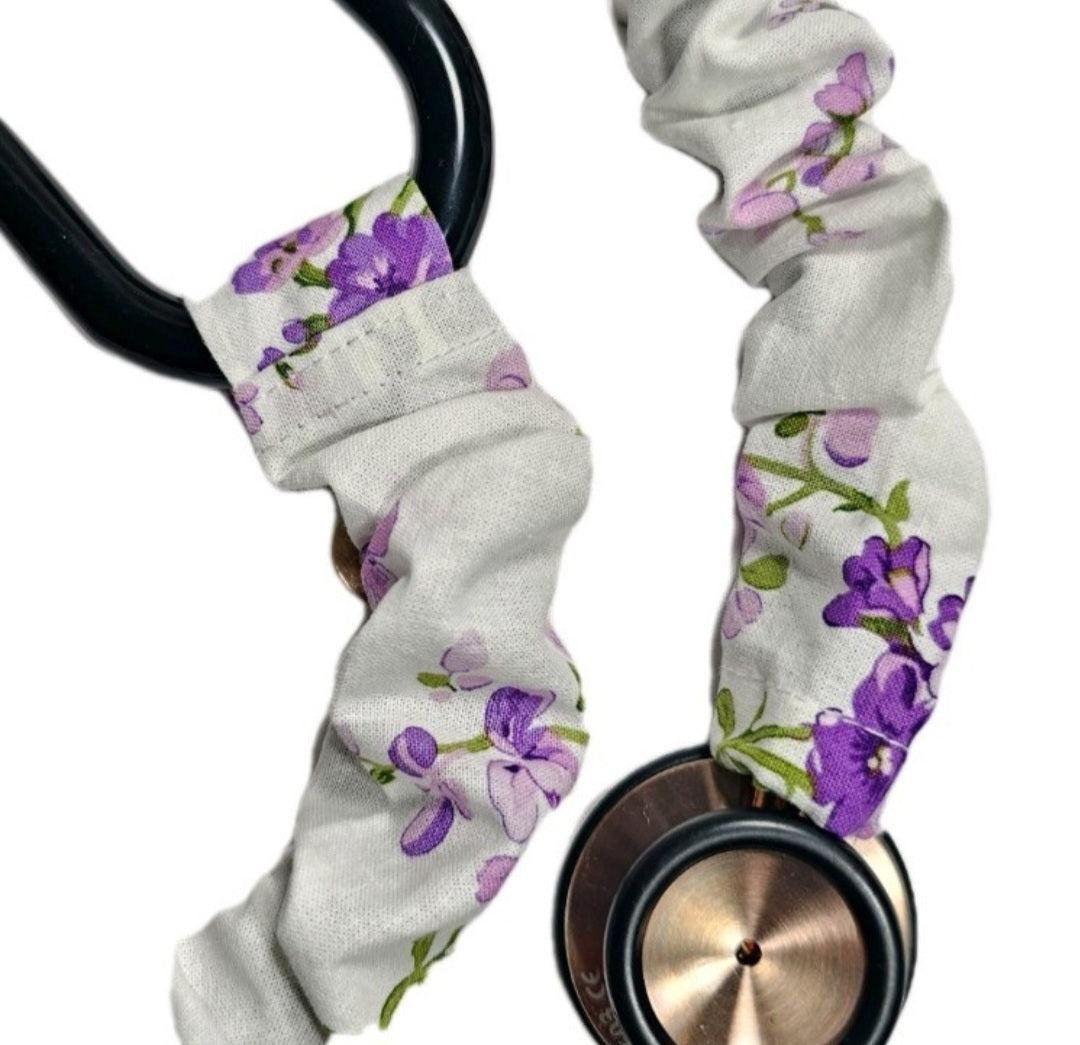 Handmade White with Purple Lavander Floral  Stethoscope Sleeve: Cotton Cover