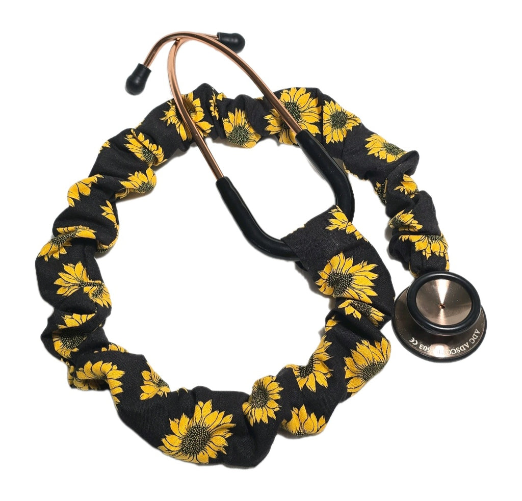Sunflower Print Stethoscope Cover Scrunchie - Black & Yellow