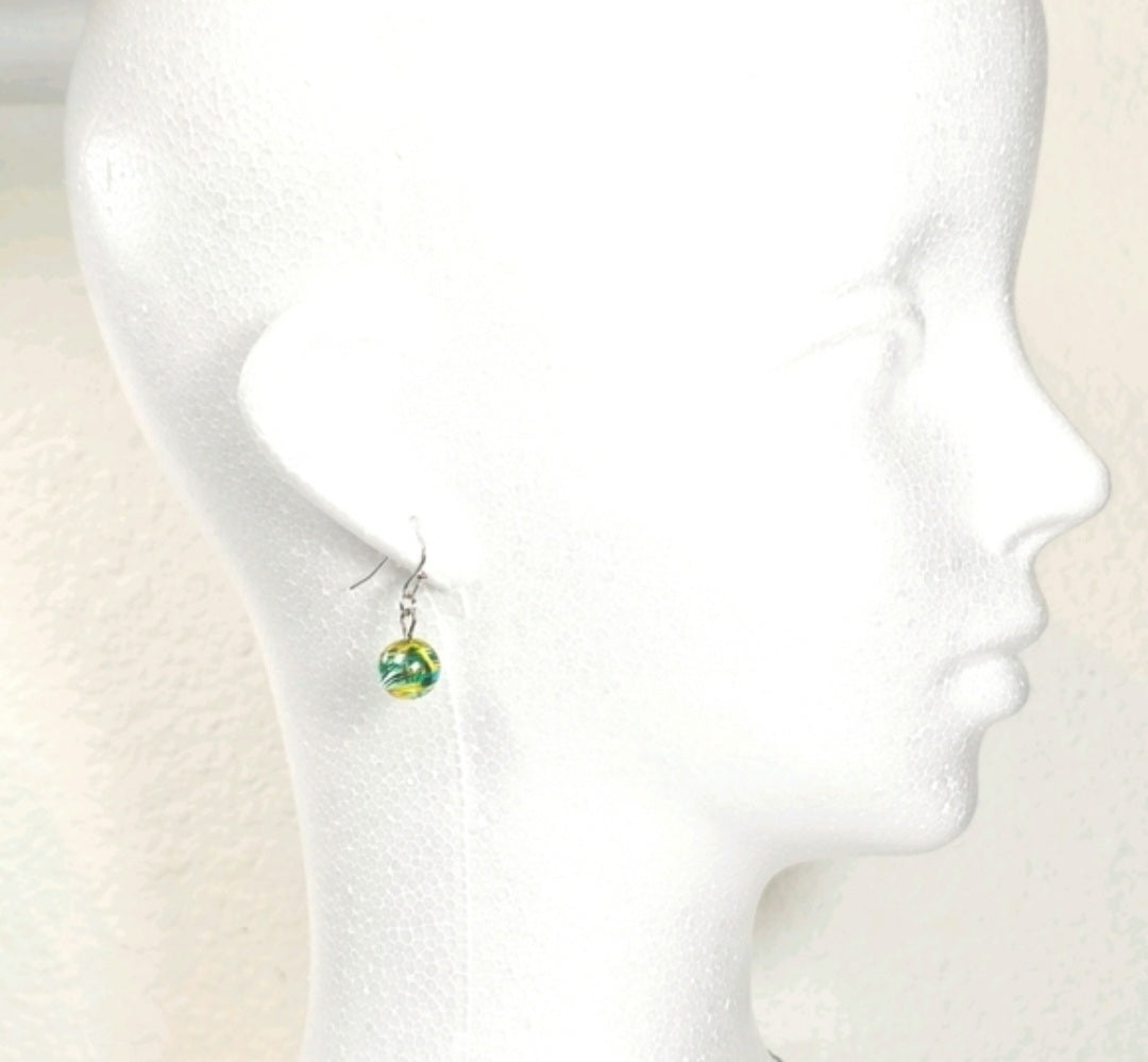Aqua Blue Yellow Swirl Glass Bead Necklace Earring Set, Murano Style Jewelry