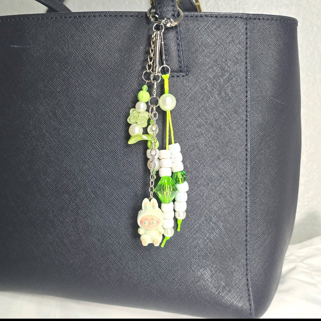 New Pastel Green Labubu Inspired  Multi Strand Mixed Beaded Bag Charm Key Holder Keychain