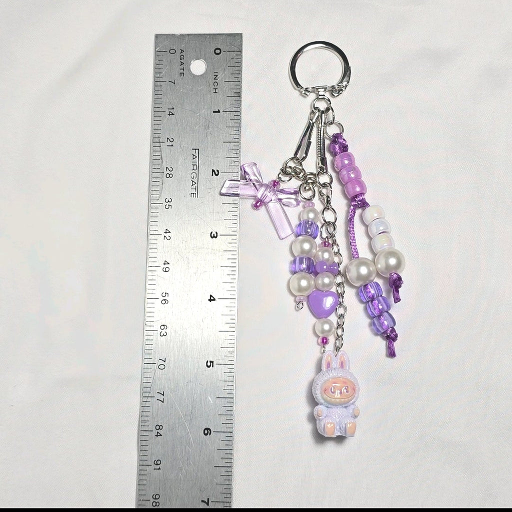 New Pastel Purple Labubu Inspired  Multi Strand Mixed Beaded Bag Charm Key Holder Keychain